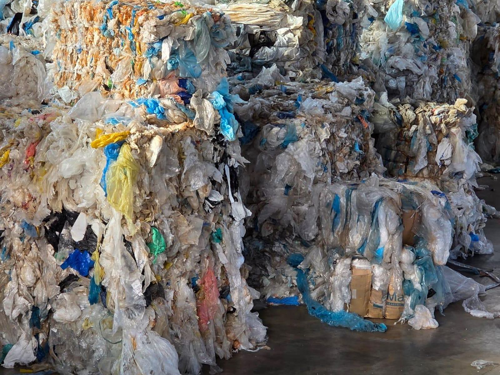 Pressed plastic bales of film and rigid plastic in a warehouse