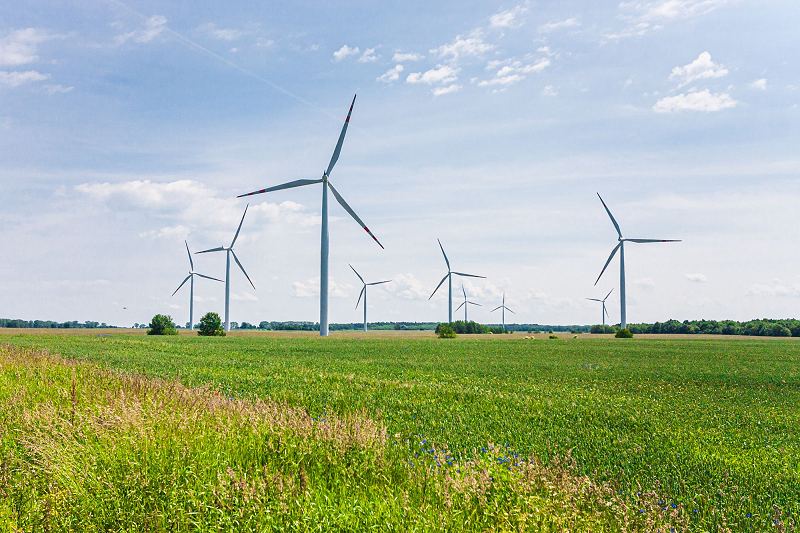 Windkraftanlagen über einem Feld als Sinnbild für erneuerbare Energie